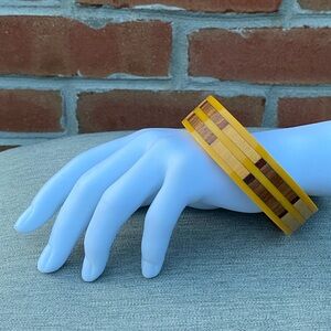 60s Vintage Lucite Laminated Wood Chunk Yellow and Brown Striped Bracelet
